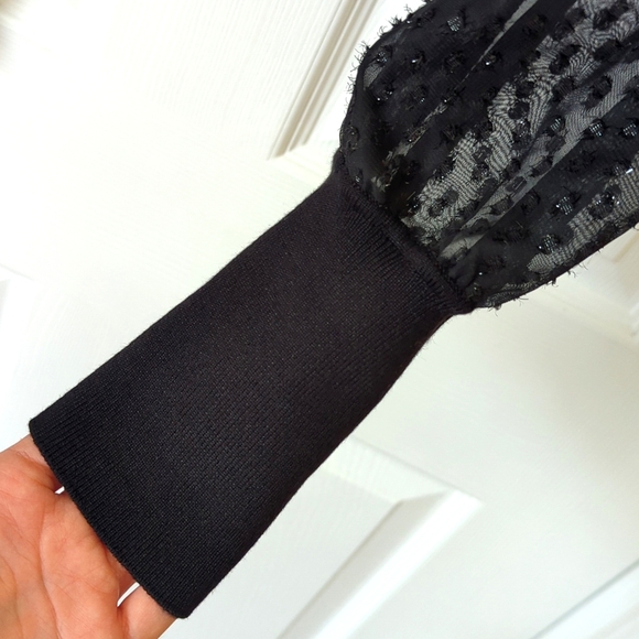 Anthropologie Ribbed Knit Scoop Neck Sheer Shimmer Puff Sleeve Sweater Black S - Picture 7 of 10